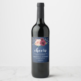 Marineblauw Blush Bourgondische Rozen Lichten Brui Wijn Etiket