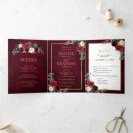 Marineblauw Blush Burgundy Gouden Geometrische Tro Drieluik Aankondiging