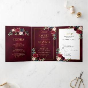 Marineblauw Blush Burgundy Gouden Geometrische Tro Drieluik Aankondiging
