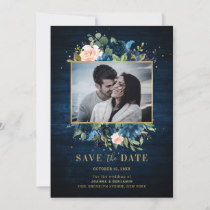 Marineblauw Blush Landelijke Botanische Foto Save The Date