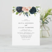 Marineblauw & Blush Roos Bloemen Waterverf Bruilof Kaart (Staand voorkant)