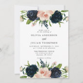 Marineblauw & Blush Roos Bloemen Waterverf Bruilof Kaart (Voorkant)