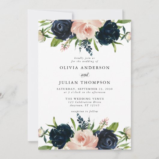 Marineblauw & Blush Roos Bloemen Waterverf Bruilof Kaart (Voorkant)