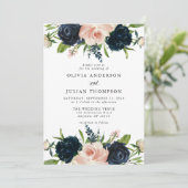 Marineblauw & Blush Roos Bloemen Waterverf Bruilof Kaart (Staand voorkant)