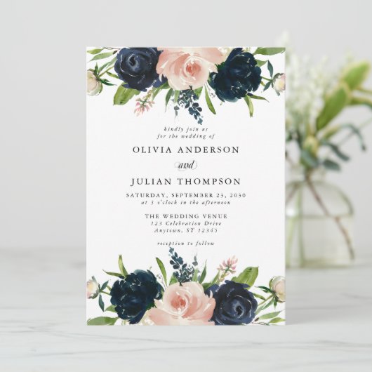 Marineblauw & Blush Roos Bloemen Waterverf Bruilof Kaart (Staand voorkant)