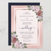 Marineblauw Blush Roos Goud Bloemen Bruiloft Kaart (Voorkant / Achterkant)