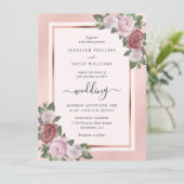 Marineblauw Blush Roos Goud Bloemen Bruiloft Kaart (Staand voorkant)