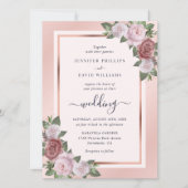 Marineblauw Blush Roos Goud Bloemen Bruiloft Kaart (Voorkant)