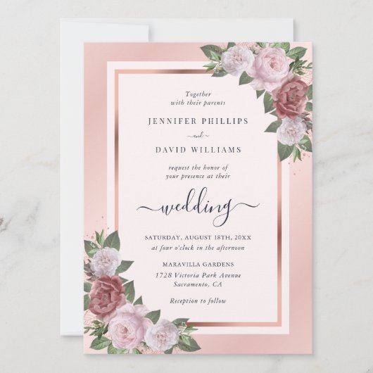 Marineblauw Blush Roos Goud Bloemen Bruiloft Kaart (Voorkant)