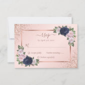 Marineblauw Blush Roos Goud Bloemen Bruiloft RSVP Kaartje (Voorkant)