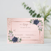 Marineblauw Blush Roos Goud Bloemen Bruiloft RSVP Kaartje (Staand voorkant)