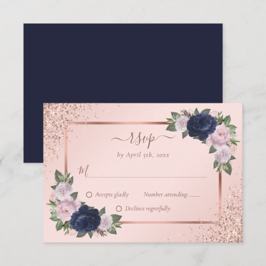 Marineblauw Blush Roos Goud Bloemen Bruiloft RSVP Kaartje (Voorkant / Achterkant)