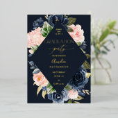 Marineblauw & Blush Roze Bloemen Graduation Party  Folie Uitnodiging (Staand Voorkant)