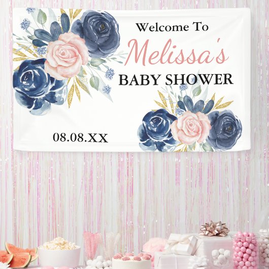 Marineblauw Blush Roze Bloemen Welkom Achtergrond Spandoek