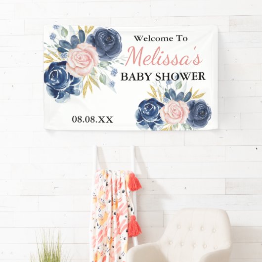 Marineblauw Blush Roze Bloemen Welkom Achtergrond Spandoek (Insitu)