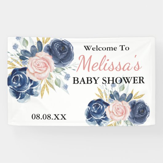 Marineblauw Blush Roze Bloemen Welkom Achtergrond Spandoek (Horizontaal)