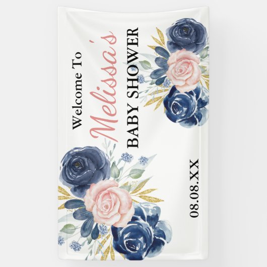 Marineblauw Blush Roze Bloemen Welkom Achtergrond Spandoek