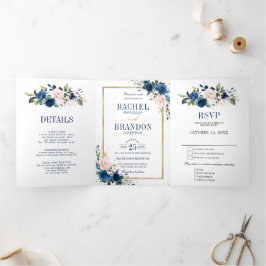 Marineblauw Blush Roze Boho Geometrische Trouw Drieluik Aankondiging