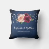 Marineblauw Blush Roze Bourgondische Rozen Lichten Kussen (Achterkant)