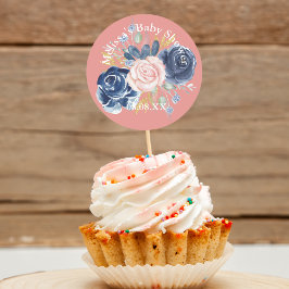 Marineblauw blush roze florals cupcake toppers ronde sticker