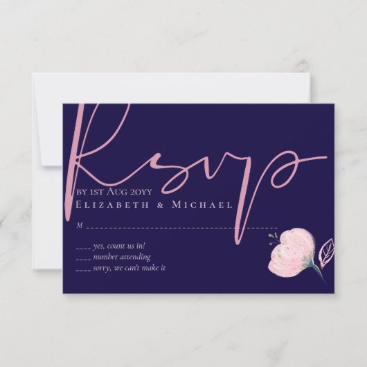 Marineblauw Blush Roze Gouden Bruiloftsbudget RSVP Kaartje (Voorkant)