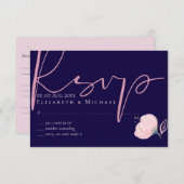 Marineblauw Blush Roze Gouden Bruiloftsbudget RSVP Kaartje (Voorkant / Achterkant)