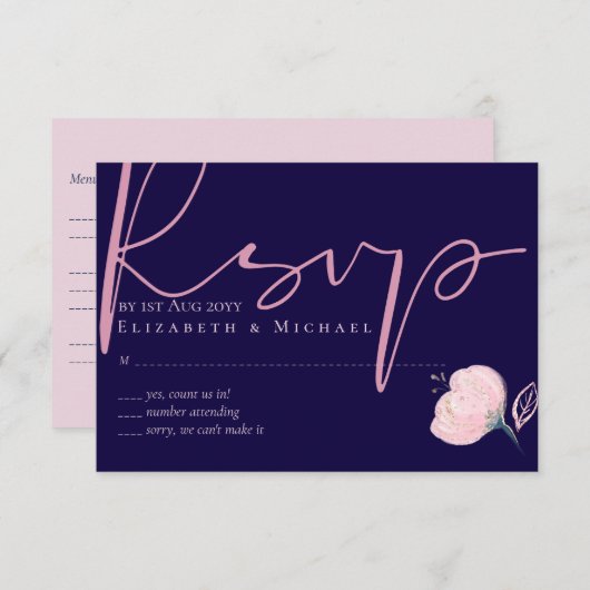 Marineblauw Blush Roze Gouden Bruiloftsbudget RSVP Kaartje (Voorkant / Achterkant)