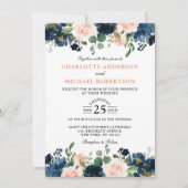 Marineblauw Blush Roze Roos Boho Trouwen Kaart (Voorkant)