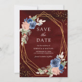 Marineblauw Blush Roze Rozen Burgundy Bruiloft Save The Date (Voorkant)
