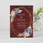 Marineblauw Blush Roze Rozen Burgundy Bruiloft Save The Date (Staand voorkant)