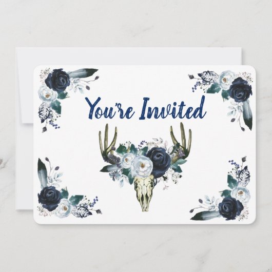 Marineblauw boeket met schedel 5" x 7" Uitnodiging (Voorkant)