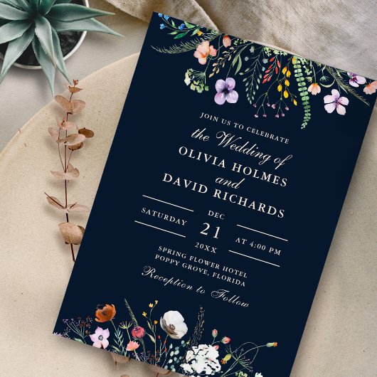 Marineblauw Boho Wildflower Meadow Bruiloft Kaart