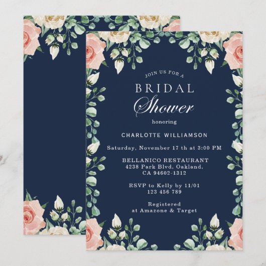 Marineblauw, Bord roze bloemig Vrijgezellenfeest Kaart (Voorkant / Achterkant)