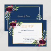 Marineblauw bordeaux bloemetjes bruiloft RSVP kaar (Voorkant / Achterkant)