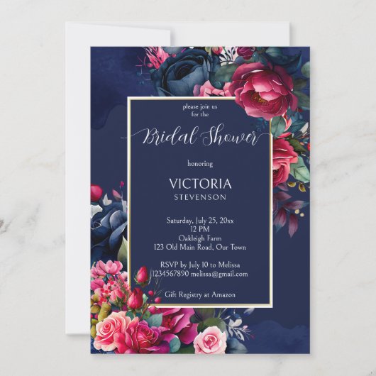 Marineblauw bordeaux roze rozen vrijgezellenfeest kaart (Voorkant)