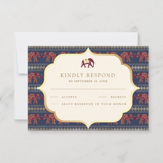 Marineblauw bordeauxrood gouden olifant Indische b RSVP Kaartje (Voorkant)