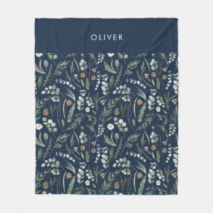 Marineblauw botanisch elegant modern familiegesche fleece deken