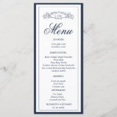 Marineblauw botanisch wapen monogram bruiloft menu (Voorkant)