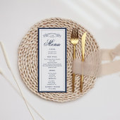 Marineblauw botanisch wapen monogram bruiloft menu