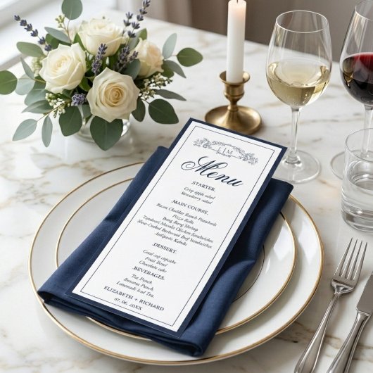 Marineblauw botanisch wapen monogram bruiloft menu