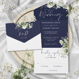 Marineblauw botanische groenblijvende monogram bru all in one uitnodiging