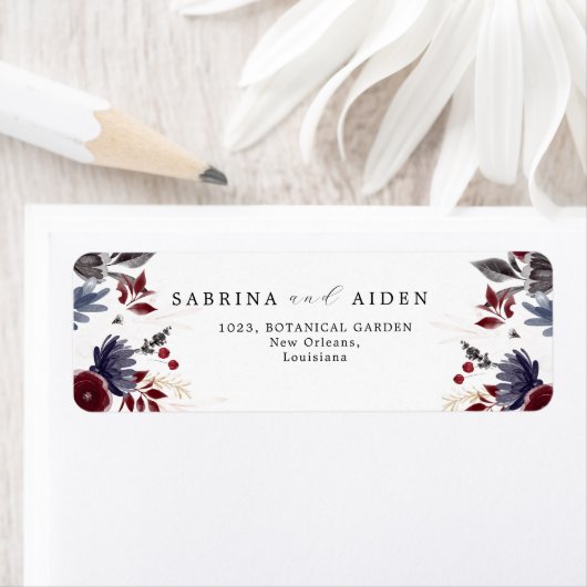 Marineblauw Bourgogne Gotische Bloemen Bruiloft Ad Etiket (Insitu)