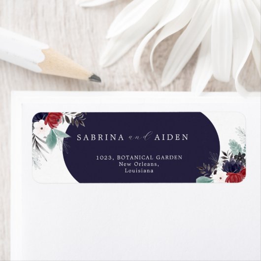 Marineblauw Bourgogne Gotische Bloemen Bruiloft Ad Etiket (Insitu)