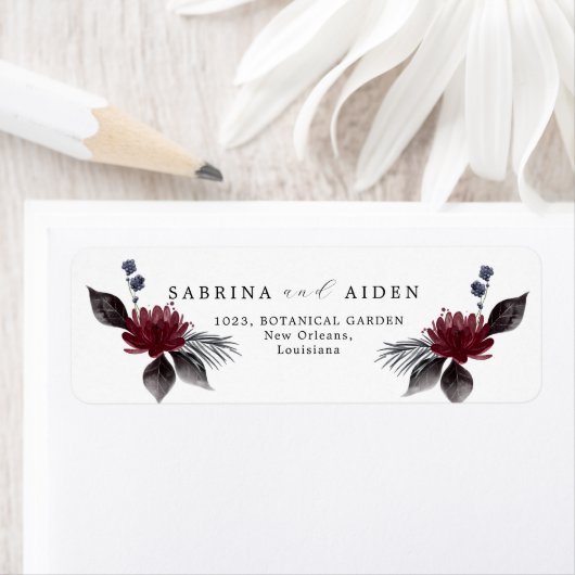 Marineblauw Bourgogne Gotische Bloemen Bruiloft Ad Etiket (Insitu)