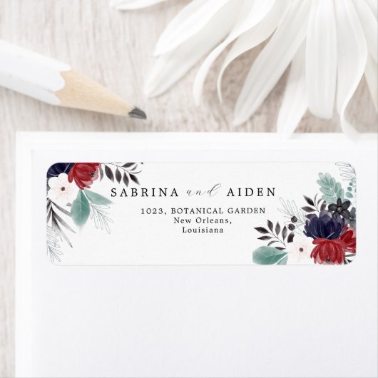 Marineblauw Bourgogne Gotische Bloemen Bruiloft Ad Etiket (Insitu)