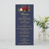 Marineblauw Bourgondië Bloemrijke Script Bruiloft Menu (Staand voorkant)