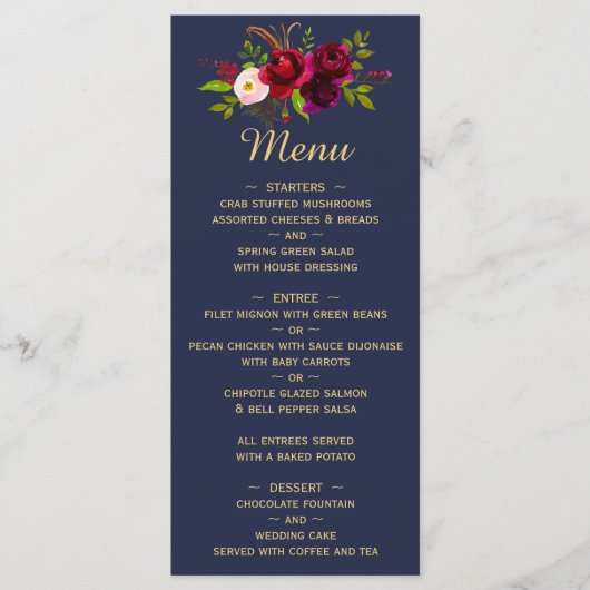 Marineblauw Bourgondië Bloemrijke Script Bruiloft Menu (Voorkant)