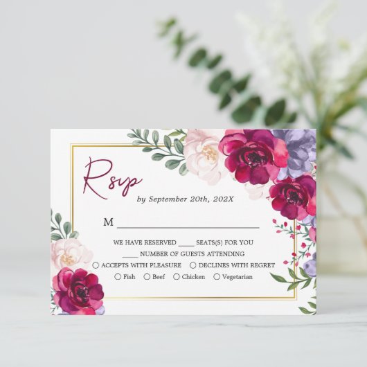 Marineblauw Bourgondië & Blush Bloemen Goud Lijst  Informatiekaartje (Staand voorkant)