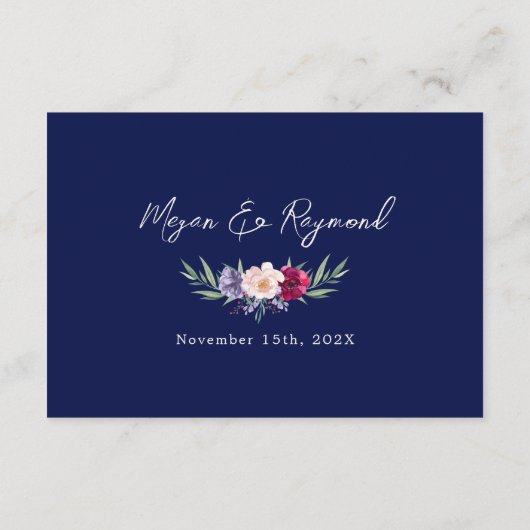 Marineblauw Bourgondië & Blush Bloemen Goud Lijst  Informatiekaartje (Achterkant)