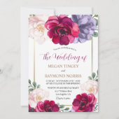 Marineblauw Bourgondië Blush Bloemen Luxe bruiloft Kaart (Voorkant)